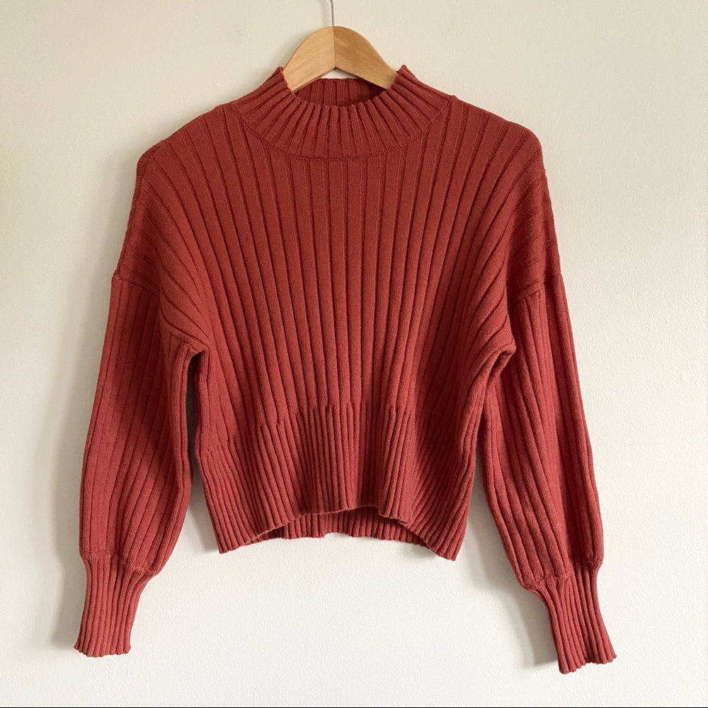 Zaful Mock Neck Ribbed Knit Cotton Sweater in Red